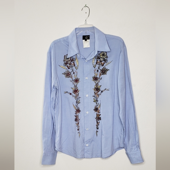 Just Cavalli Tops - Just Cavalli Light Blue Embellishment Cotton Button Up Shirt Size XL